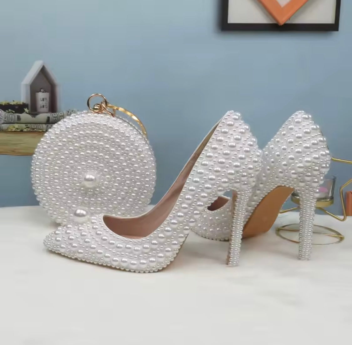 Pearl Wedding Shoes and Matching Clutch Set, Bridal Stilettos or Flats, Beaded Wedding Heels, Custom Bride Handbag and Shoes