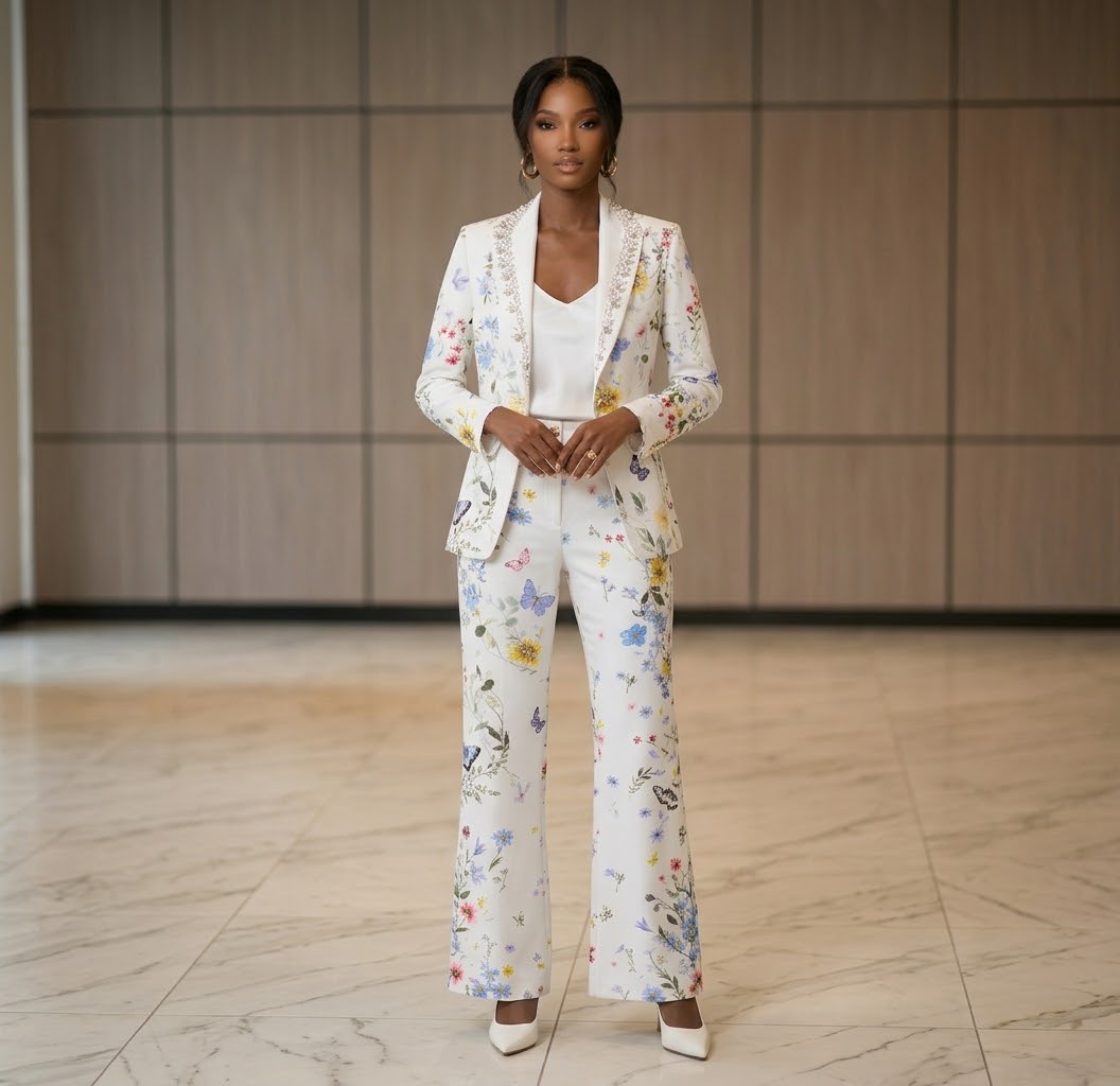 Women’s Floral Print Suit Set, Designer Two-Piece Blazer and Flare Pants, Botanical Garden Party Outfit, Statement Tailored Suit,