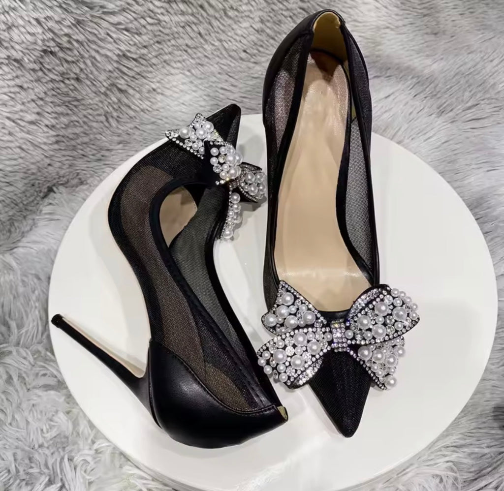Black Lace Mesh High Heels with Bow Accents | Pointed Toe Stiletto Pumps | Pearl, Rhinestone & Classic Lace Wedding & Evening Shoeshine