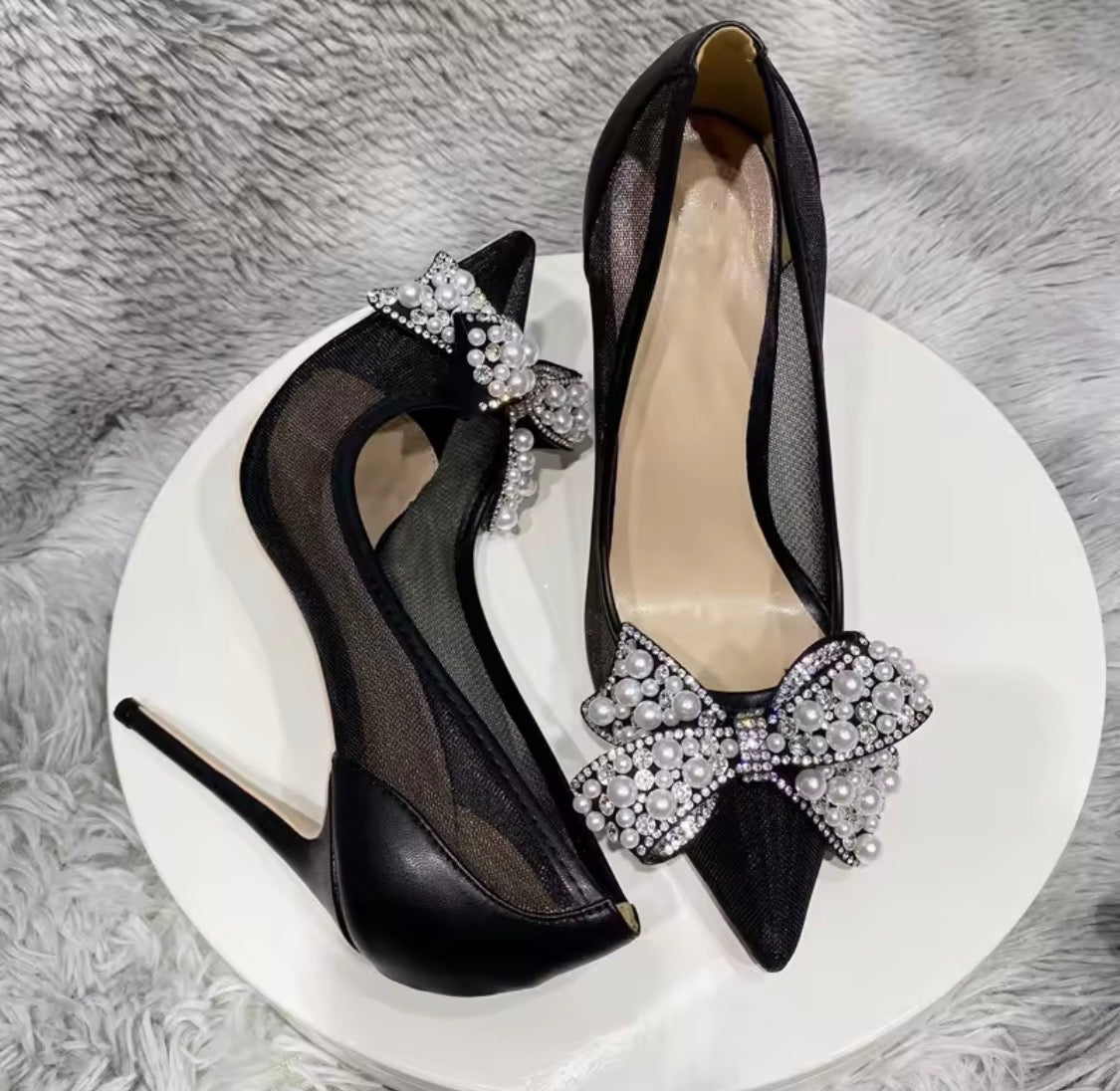 Black Lace Mesh High Heels with Bow Accents | Pointed Toe Stiletto Pumps | Pearl, Rhinestone & Classic Lace Wedding & Evening Shoeshine