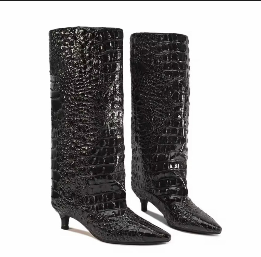 Women’s Slouch Knee-High Boots — Pointed-Toe Kitten Heel Crocodile Embossed Long Boots