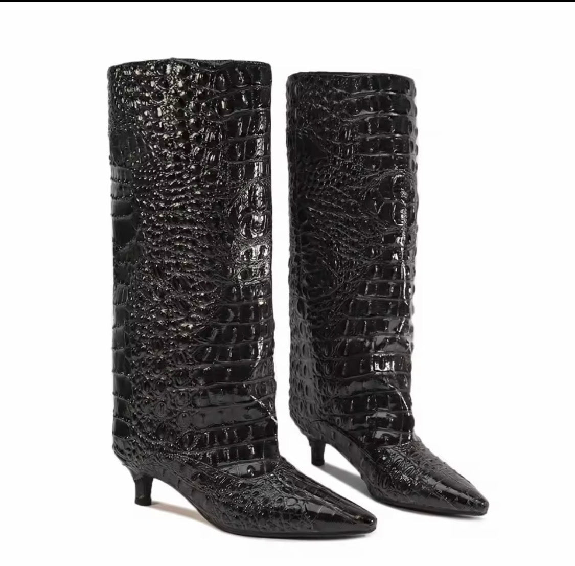 Women’s Slouch Knee-High Boots — Pointed-Toe Kitten Heel Crocodile Embossed Long Boots