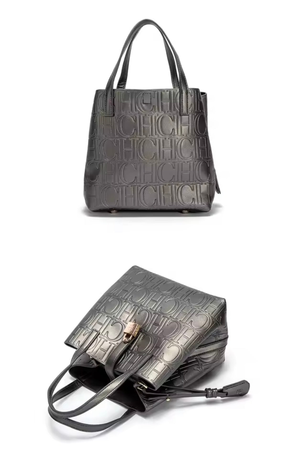 Designer-Inspired Embossed Monogram Tote Bag – Luxury PU Leather Top-Handle Handbag & Crossbody Purse with Lock Detail