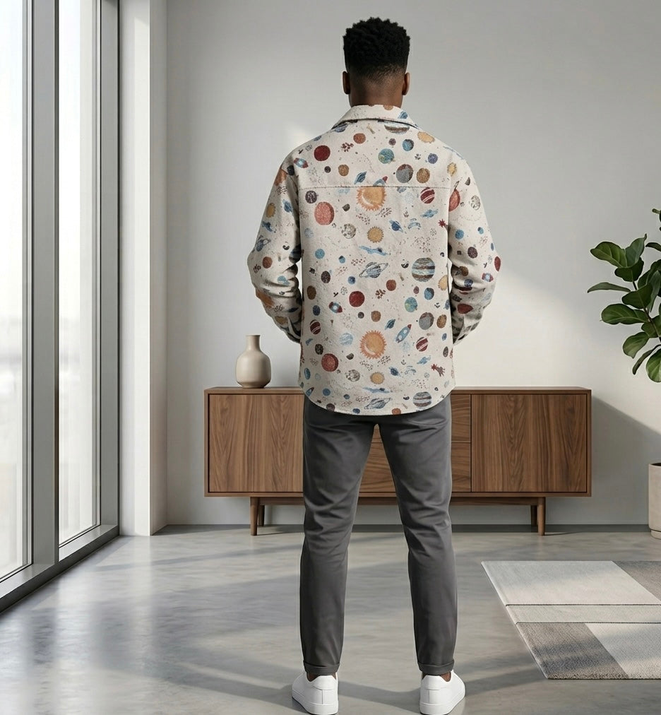 Thick Retro Men's Tapestry Jacket | Vintage Inspired Graffiti and Solar System Streetwear Shacket | Heavyweight Patterned Button-Down Coat