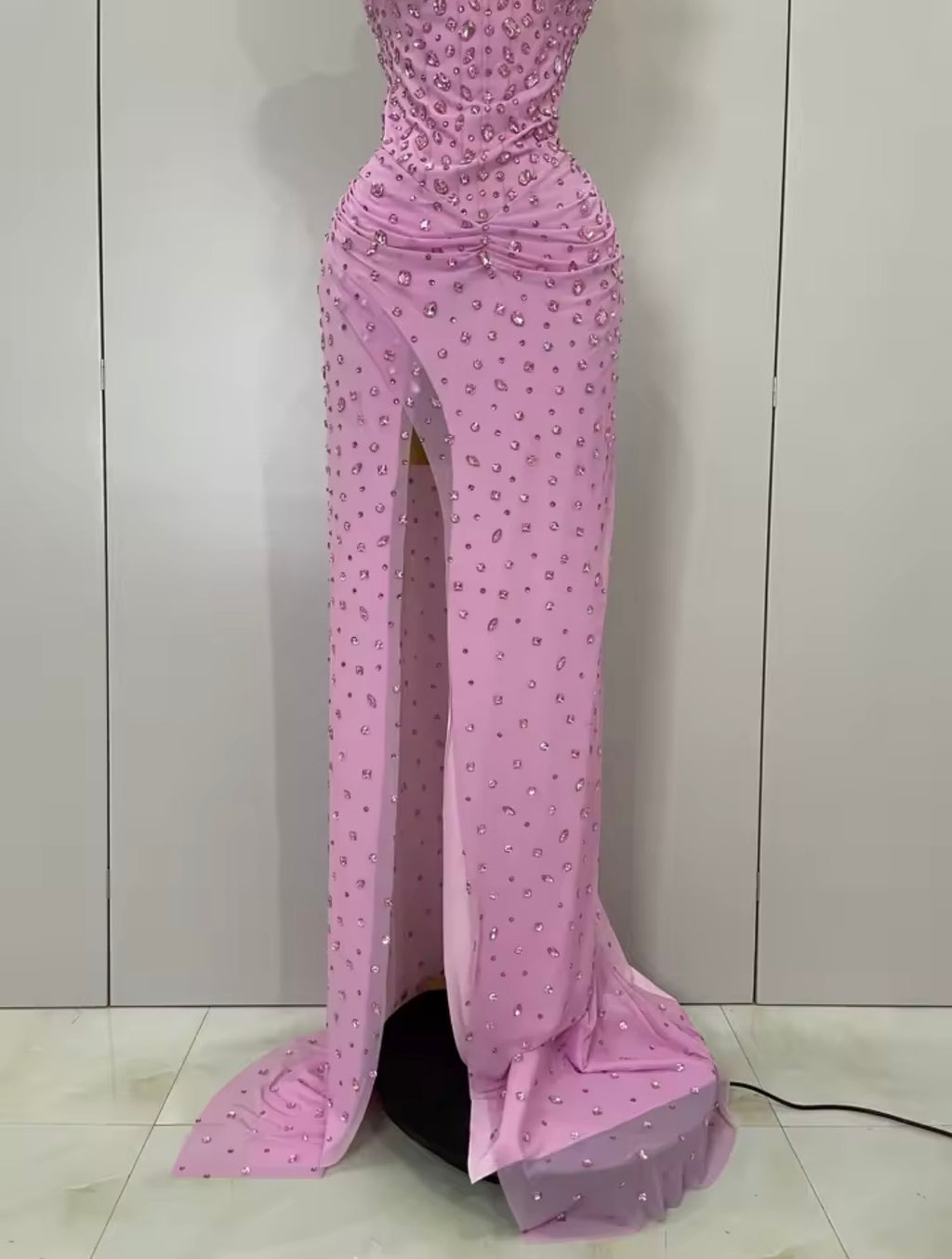 Pink Crystal Rhinestone Evening Gown, Formal Prom Dress, Glamour Bodycon Corset Maxi Dress, Sparkly Birthday Gala Dress, High Slit Gown