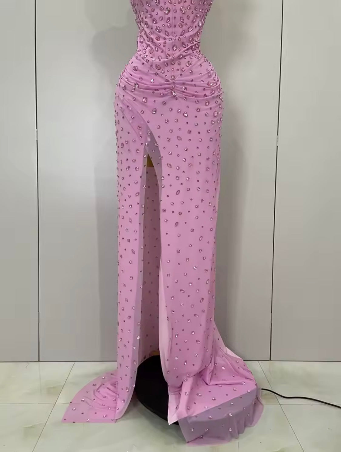 Pink Crystal Rhinestone Evening Gown, Formal Prom Dress, Glamour Bodycon Corset Maxi Dress, Sparkly Birthday Gala Dress, High Slit Gown