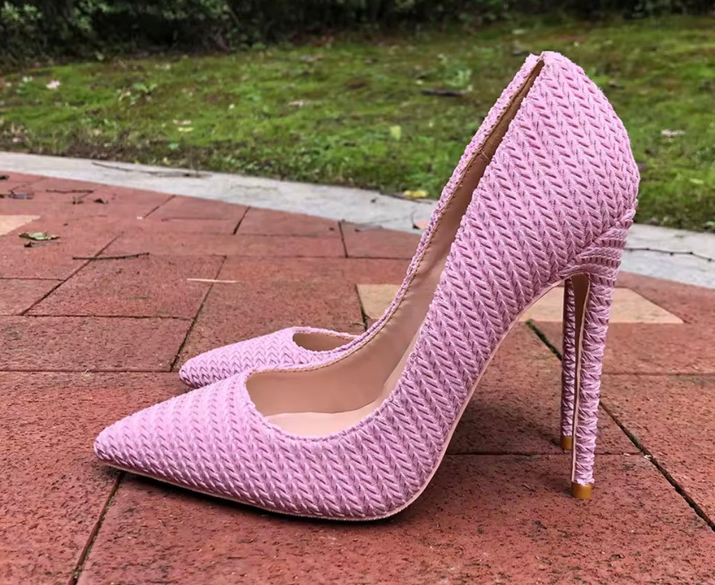 Pink Woven Fabric High Heels, Pointed Toe Stiletto Pumps, Textured Pink Dress Shoes, Chic Women's Party Heels, Elegant Spring Summer Shoes
