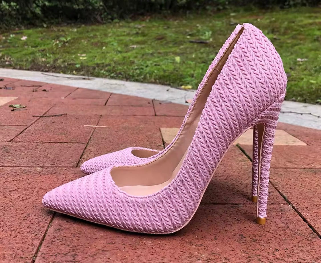 Pink Woven Fabric High Heels, Pointed Toe Stiletto Pumps, Textured Pink Dress Shoes, Chic Women's Party Heels, Elegant Spring Summer Shoes