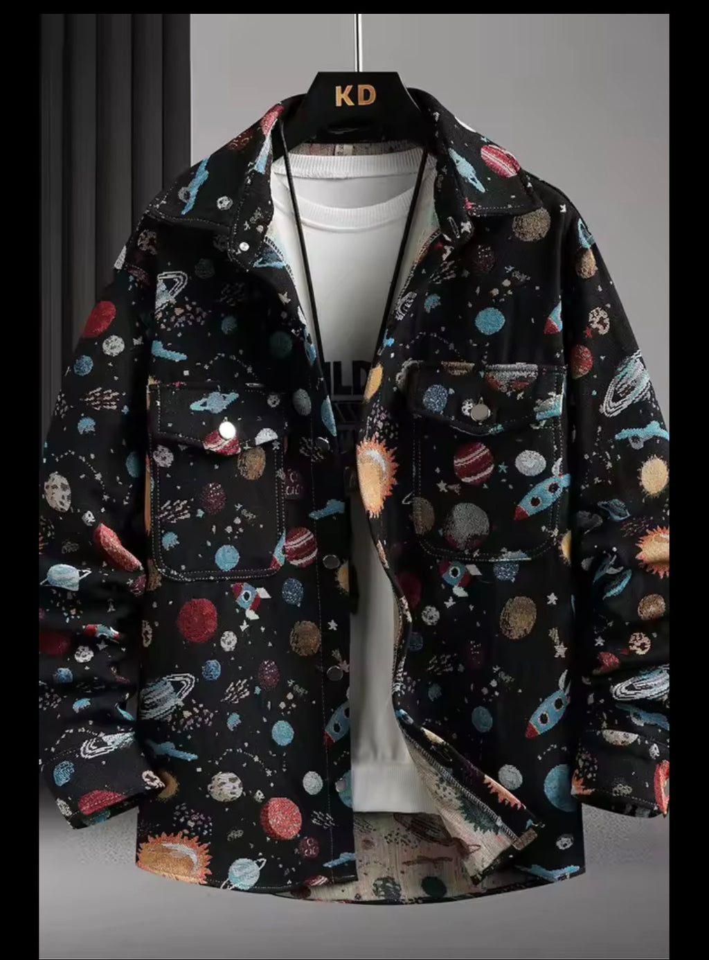 Thick Retro Men's Tapestry Jacket | Vintage Inspired Graffiti and Solar System Streetwear Shacket | Heavyweight Patterned Button-Down Coat