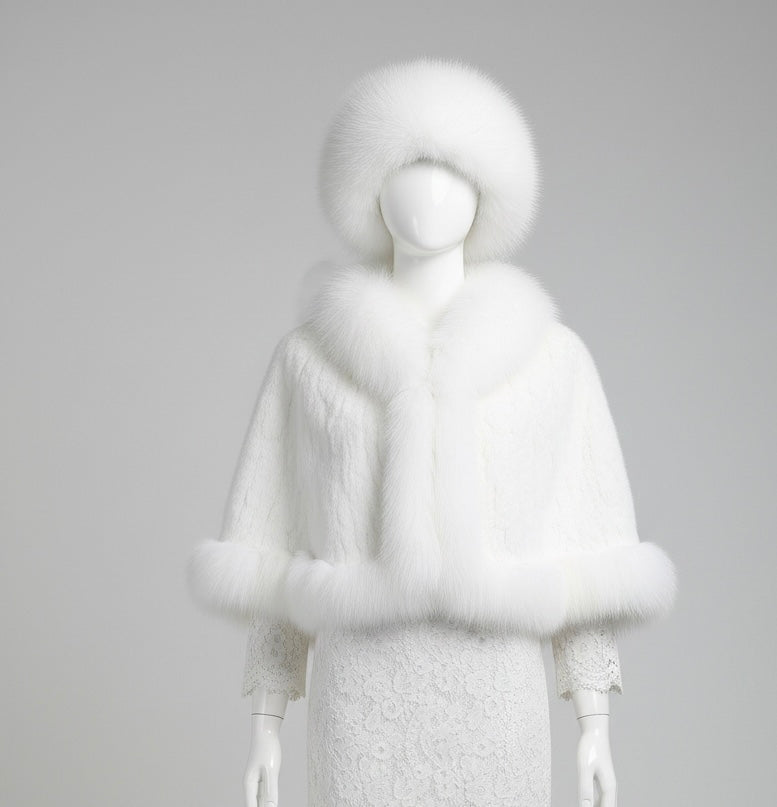 Knitted Mink Fur Cape with Fox Fur Collar & Hat Set