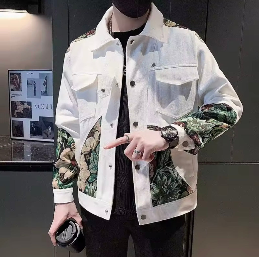 Men's Vintage Floral Patchwork Jacket | Retro Trim Trucker Coat
