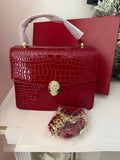 Red Croc Embossed Leather Handbag with Gold Serpent Snake Clasp | Emerald Eye Snake Head Top Handle Bag