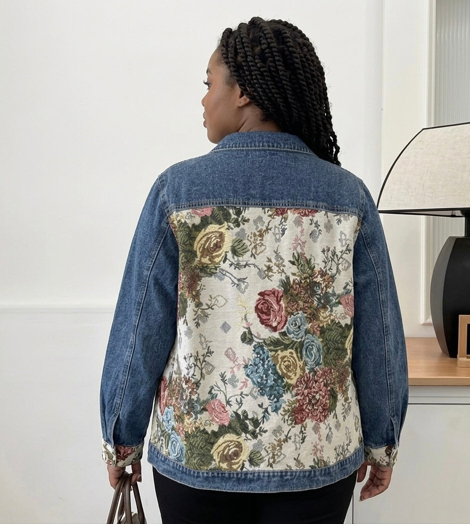 Plus Size Floral Denim Jacket, Boho Tapestry Jean Jacke