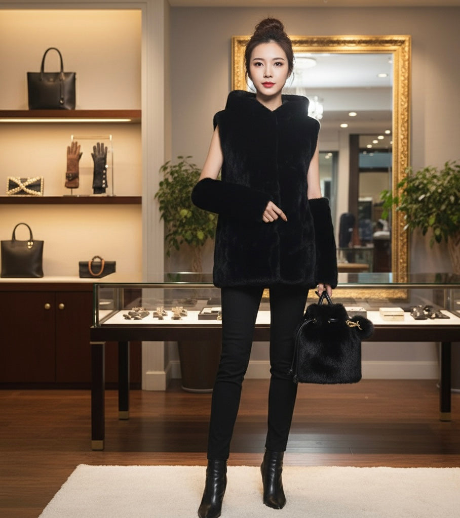 Luxury 3-Piece Real Fur Set: Genuine Rabbit Fur Hooded Vest, Mink Fur Bucket Bag, and Matching Mink Fur Arm Warmers