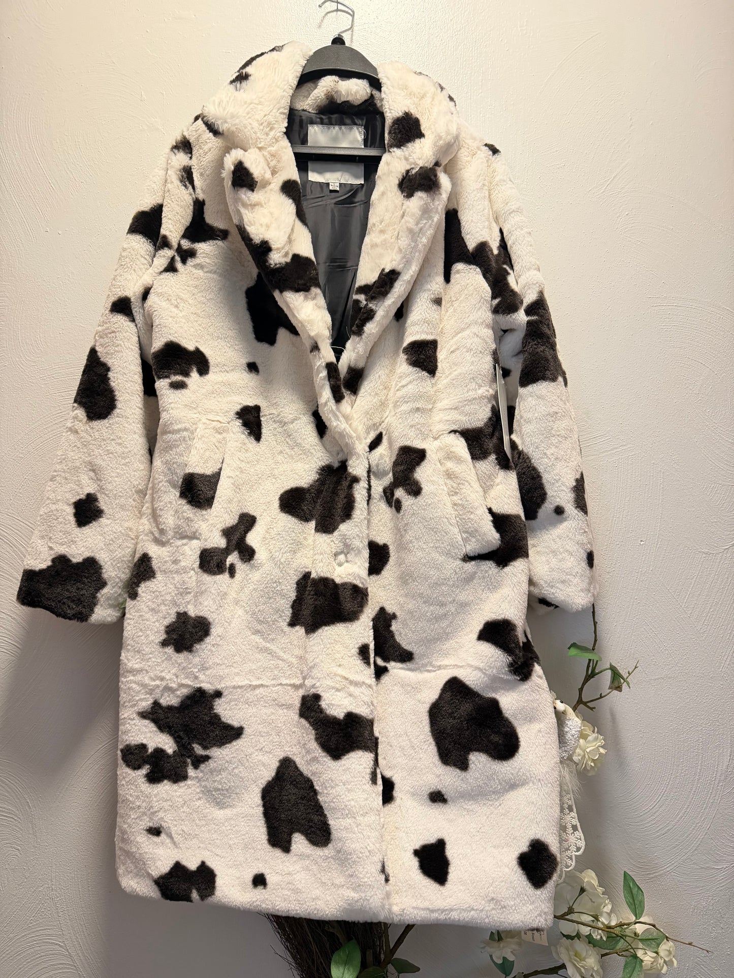 Cow print faux fur coat