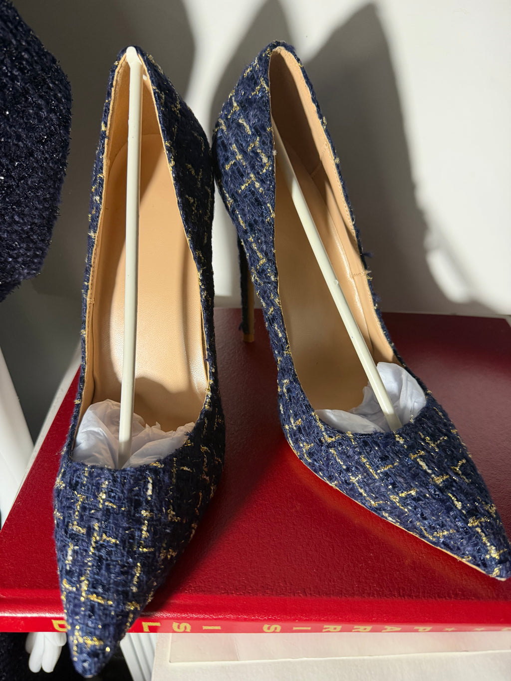 Navy Blue Tweed Belted Midi Dress and Pointed-Toe 12cm Stiletto Pump Set | 2-Piece