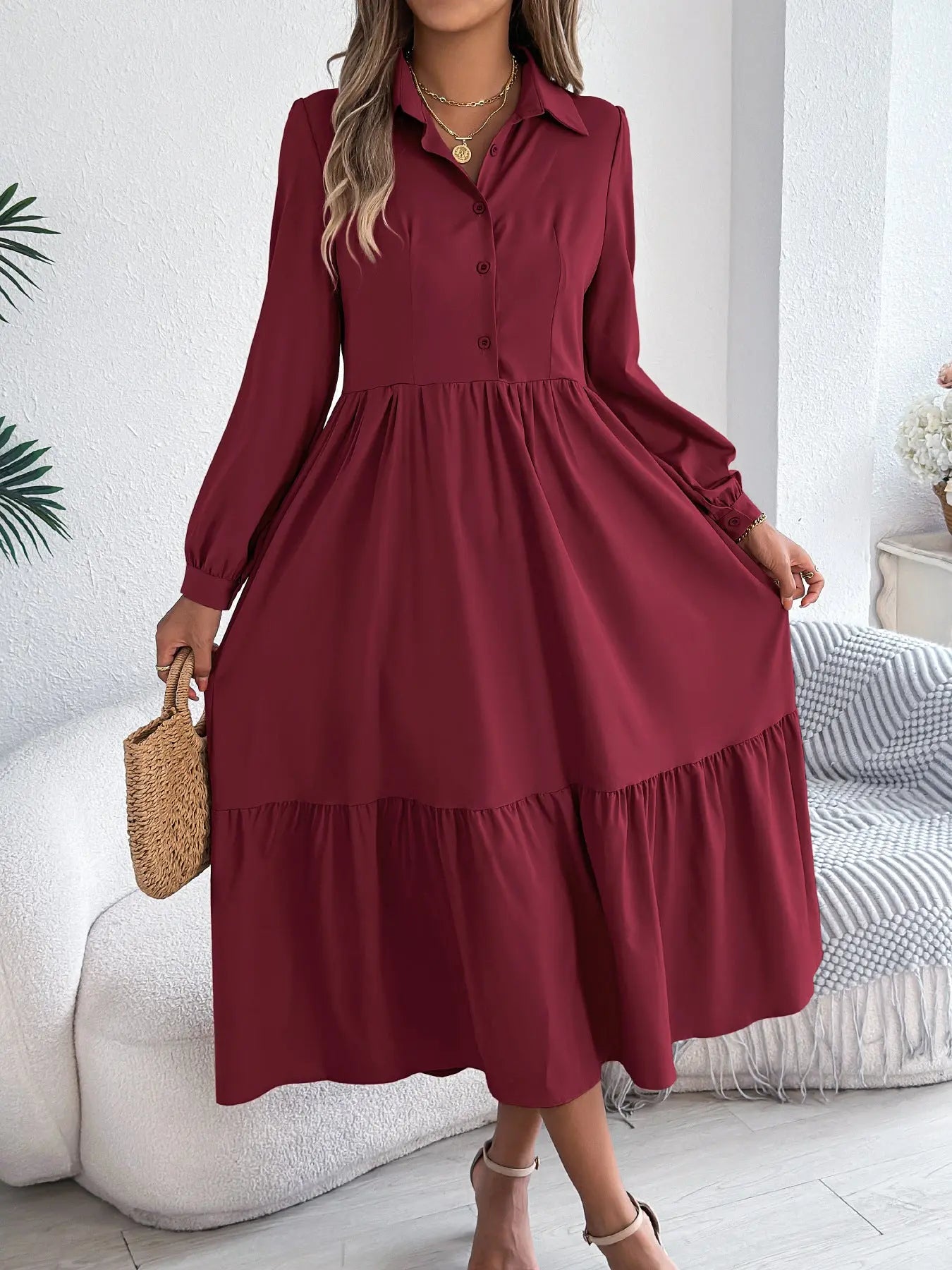 Women's Lapel Casual Loose Long Sleeve Ruffled Shirt Dresses JNi3 shop