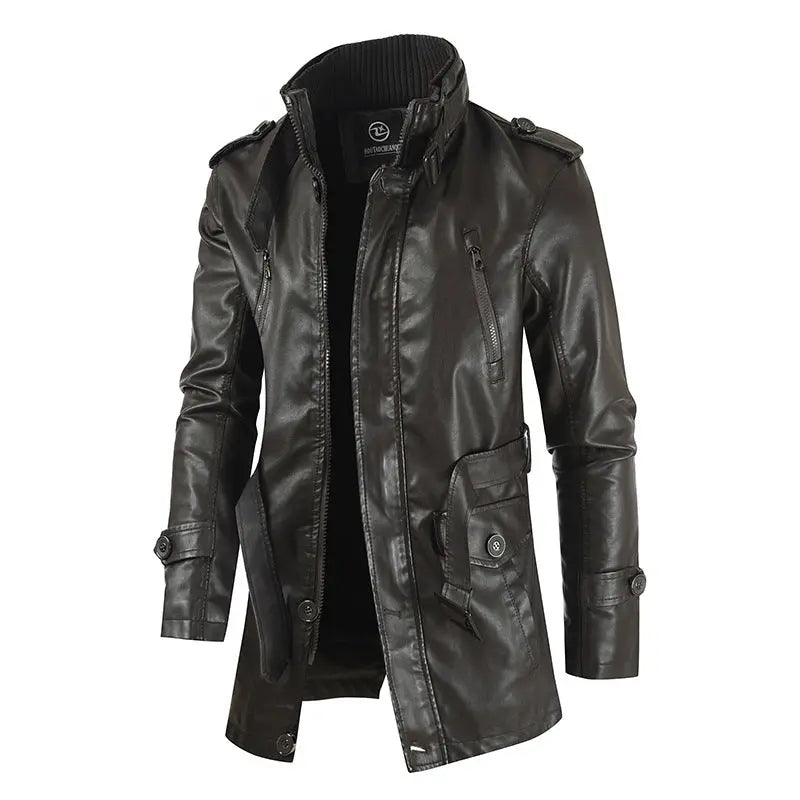 Men's Mid-length Leather Coat Stand Collar Fleece-lined Thickened Cjdropshipping