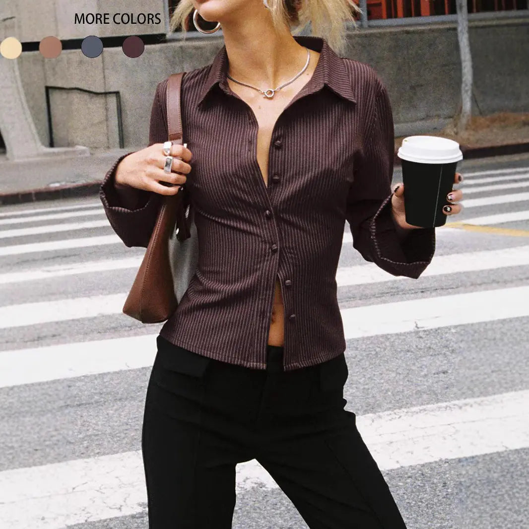 Lapel Breasted Cardigan Long Sleeve Shirt Slim Striped Top JNi3 shop