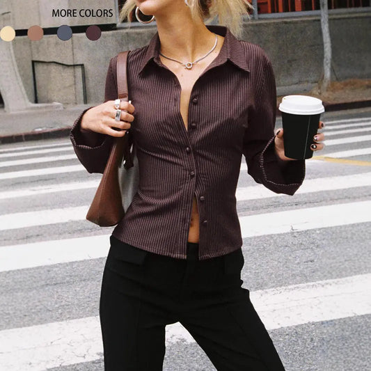 Lapel Breasted Cardigan Long Sleeve Shirt Slim Striped Top JNi3 shop