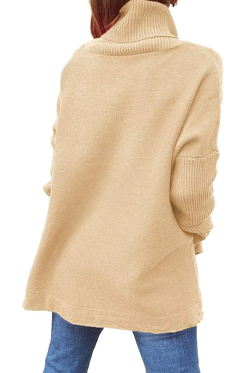 Turtleneck Sweater Mid Length Batwing Sleeve Slit Hem Tunic Pullover Sweaters Winter Tops Women Clothing JNi3 shop