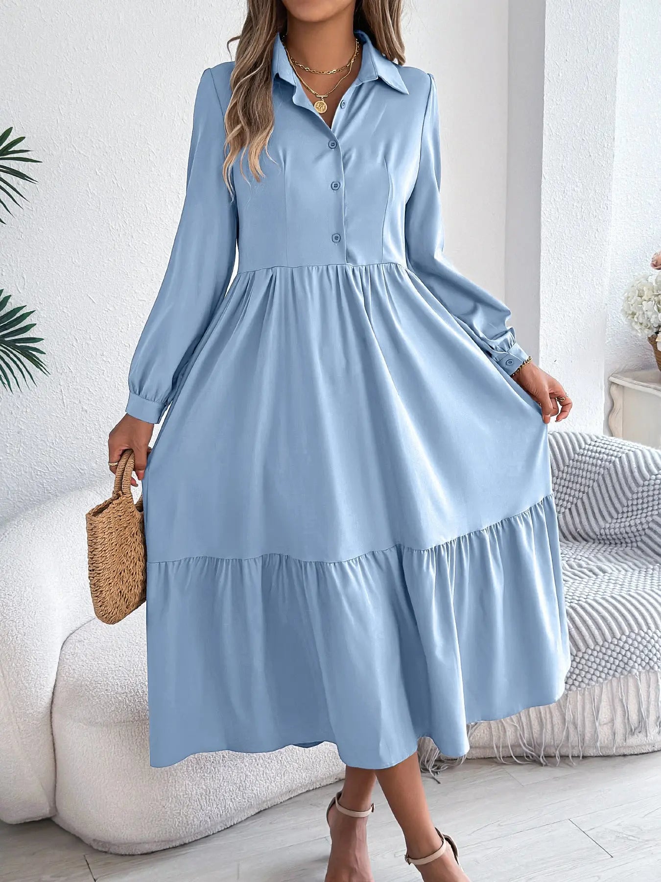 Women's Lapel Casual Loose Long Sleeve Ruffled Shirt Dresses JNi3 shop