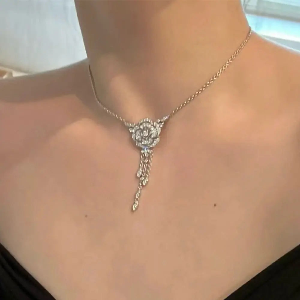Female 925 Silver Inlaid Zirconia Diamond Camellia Tassel Necklace Cjdropshipping