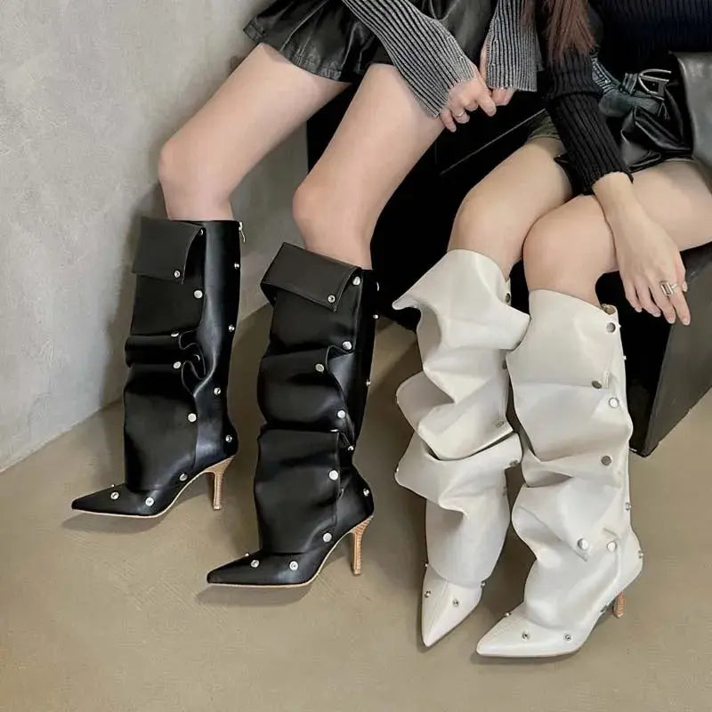 Women's Fashion Buckle Stitching Stiletto Heel Denim Pleated Pile Style Boots Dropshipman