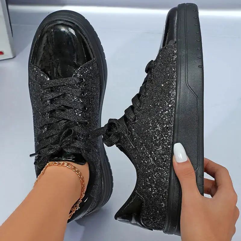 Glitter Sequin Design Flats Shoes Women Trendy Casual Thick-soled Lace-up Sneakers Fashion Skateboard Shoes Dropshipman