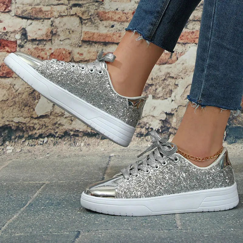Glitter Sequin Design Flats Shoes Women Trendy Casual Thick-soled Lace-up Sneakers Fashion Skateboard Shoes Dropshipman