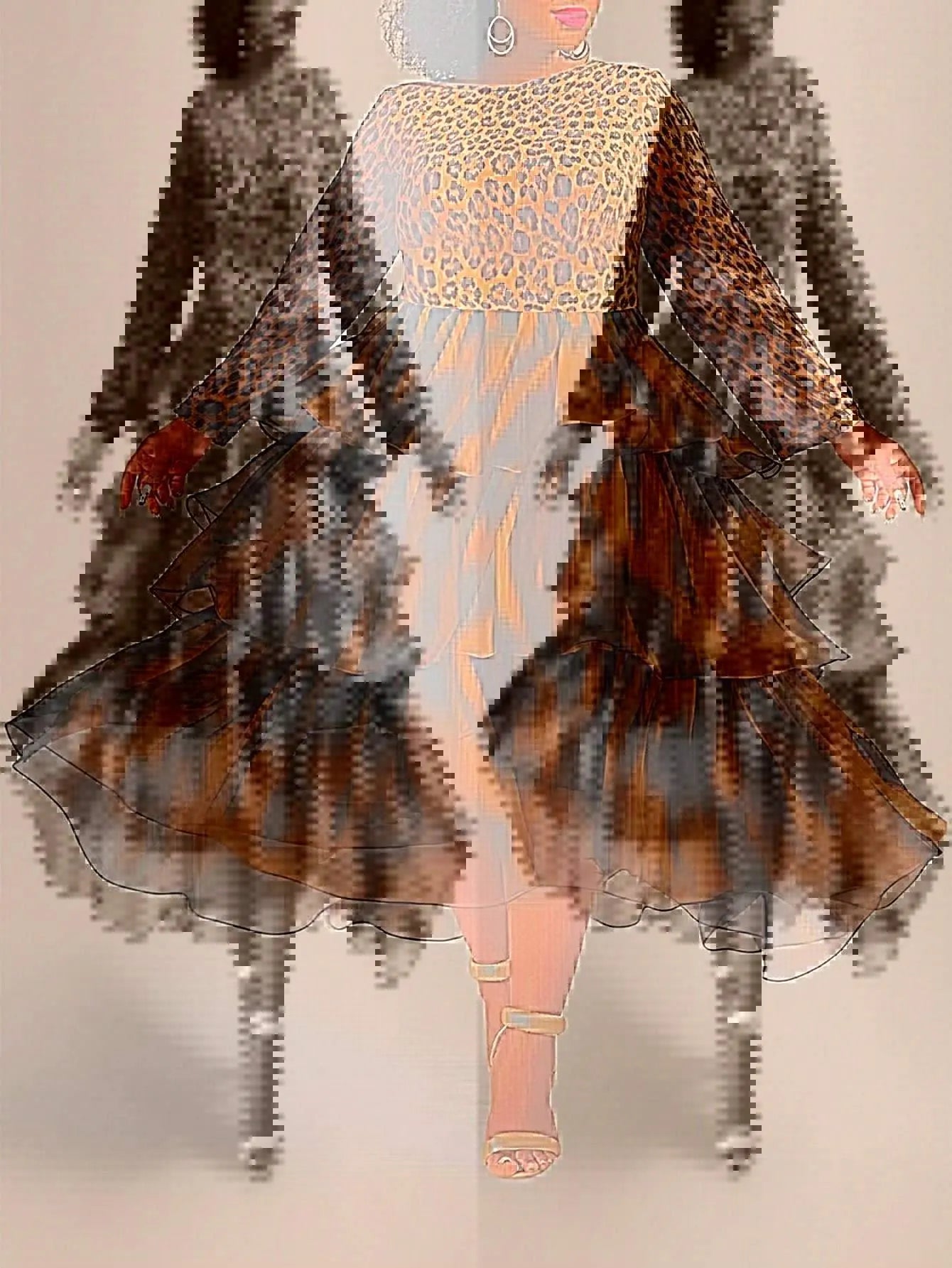 Elegant Leopard Print Cake Dress Plus Size Long Sleeve JNi3 shop