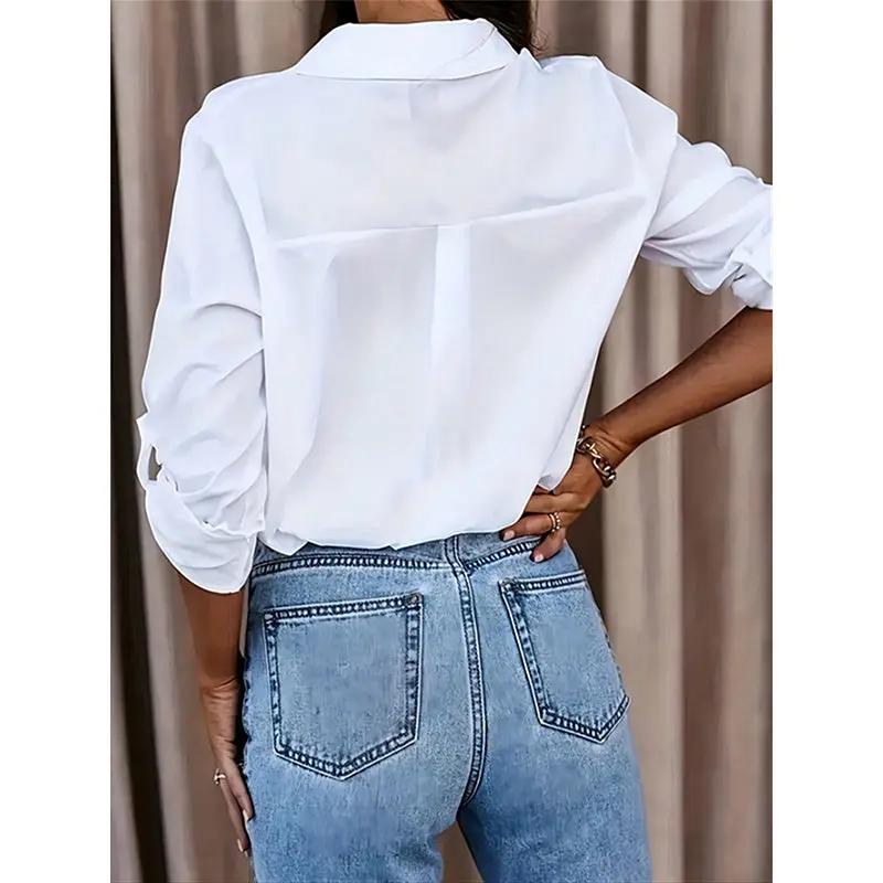 Women's Casual Long Sleeve Button-Down Shirt With Roll-Up Sleeves, Stylish Mid-Length Blouse For Everyday Wear JNi3 shop