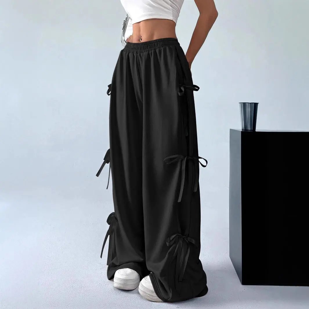 Elastic Waist Solid Color Bow Lace Up Casual Straight-leg Pants Cjdropshipping