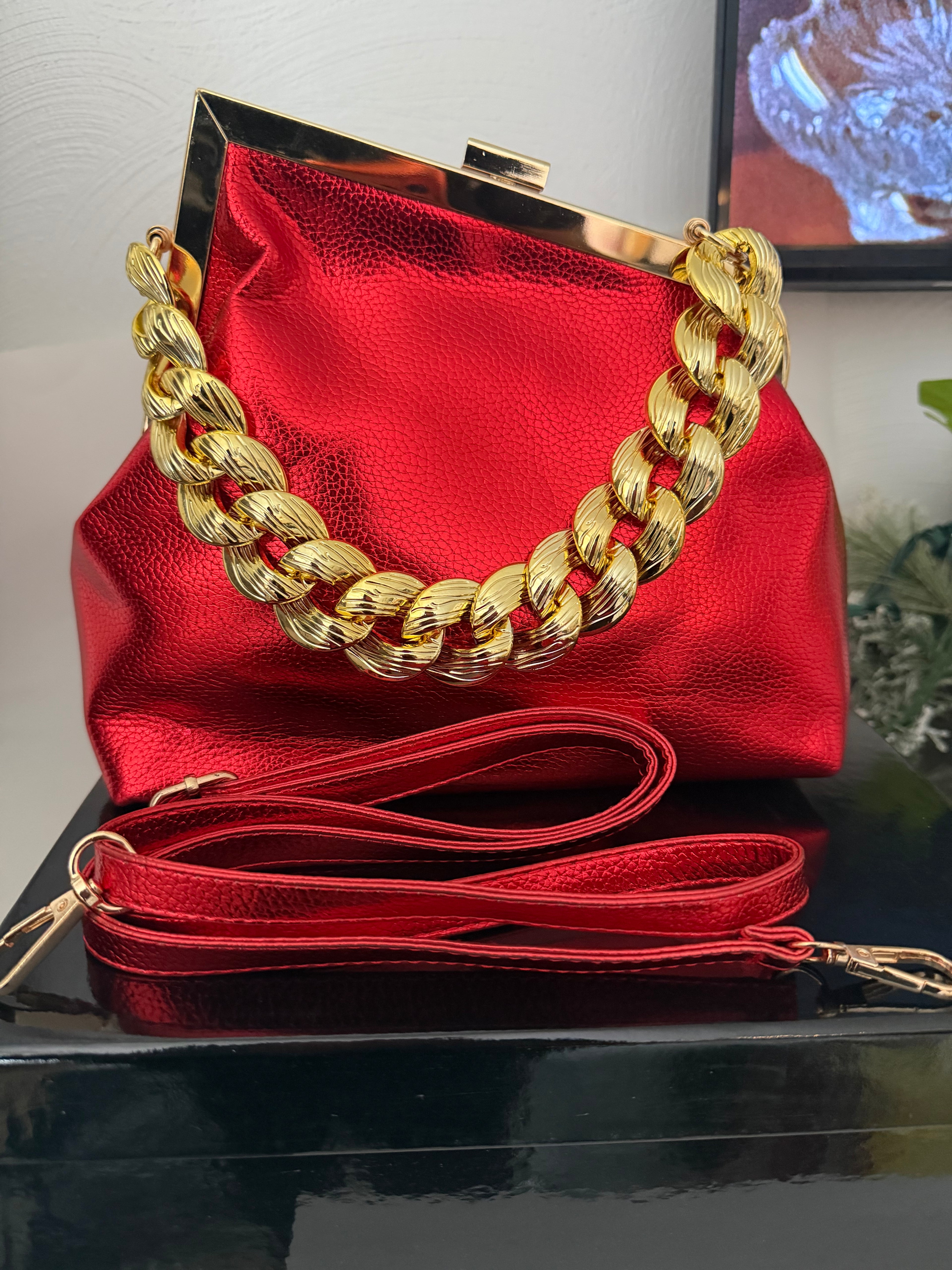 Vibrant Red Laser Stiletto Pumps and Metallic Red Clutch Purse Set – Luxury Chunky Gold Chain Handbag & Pointed Toe High Heels – Formal Gala & Evening Accessory Set