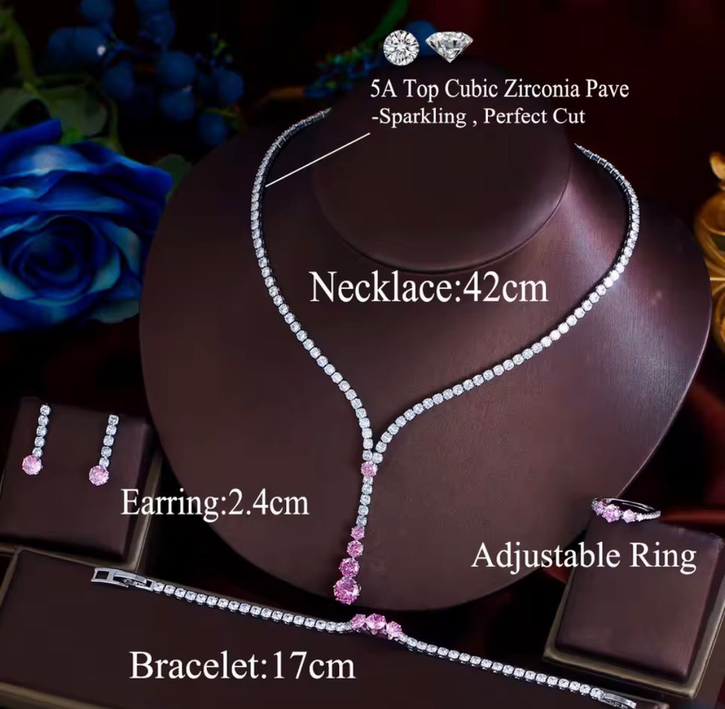 Luxury Pink Cubic Zirconia Jewelry Set for Women – 4-Piece Silver Plated Bridal Necklace, Drop Earrings, Tennis Bracelet & Adjustable Ring