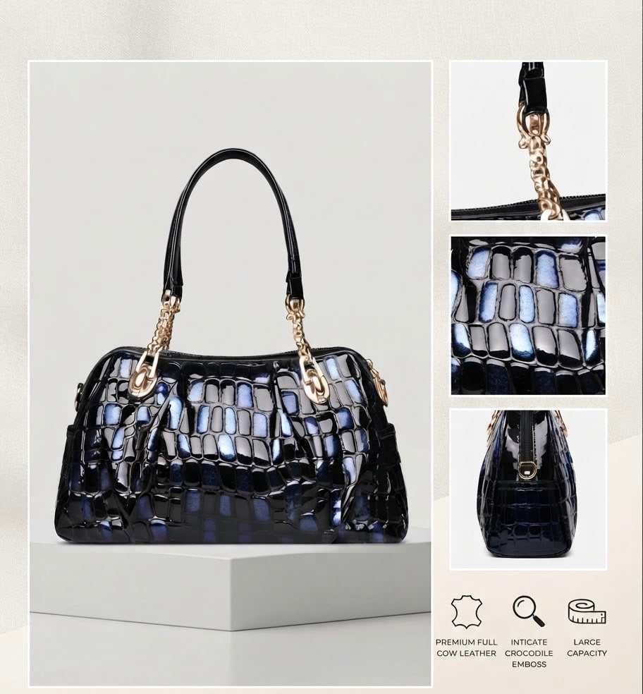 Gradient Leather Satchel Bag, Crocodile Print Top Handle Handbag