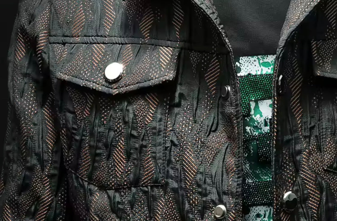 Men's Floral Jacquard Button-Up Casual Jacket with Pocket Details | Stylish Modern Statement Outerwear