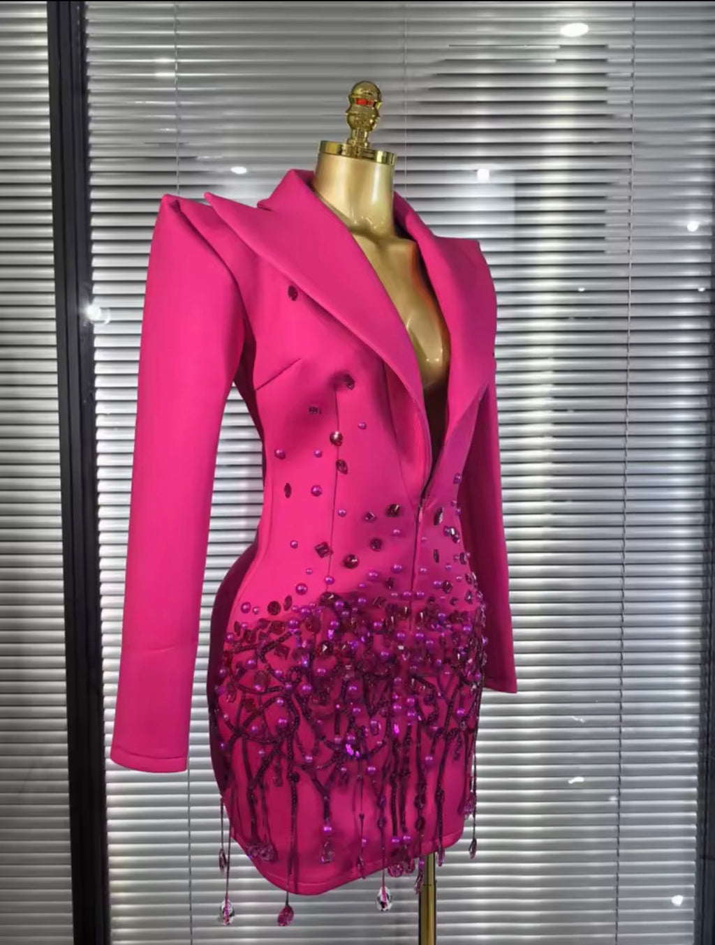 Luxury Crystal Rhinestone Blazer Mini Dress, Beaded Fringe Formal Party Gown, Sculptural Lapel Evening Cocktail Dress, Birthday Outfit Women