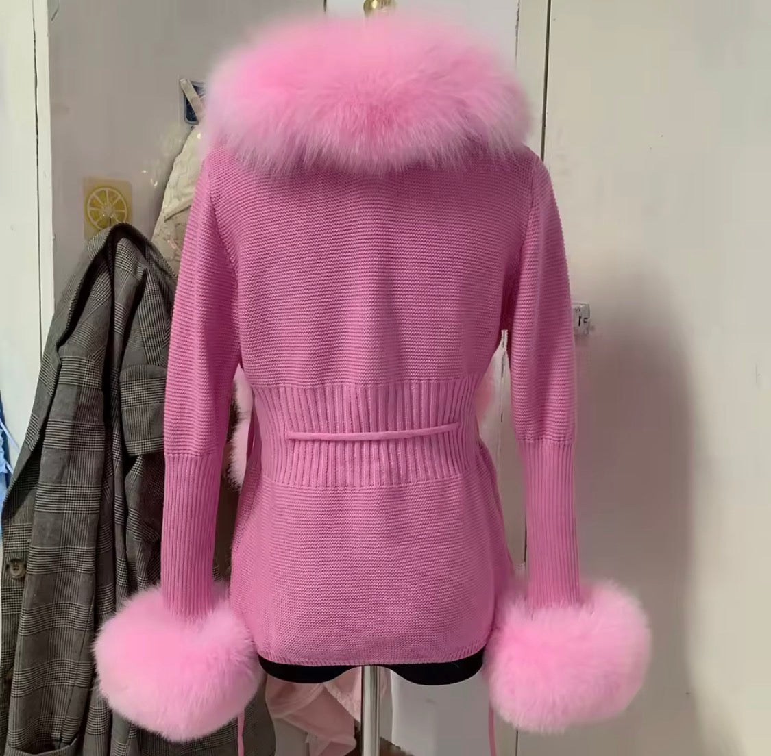 Luxury Real Fox Fur Cardigan with Sleeves & Cuffs | Handcrafted Knit Wool Blend Sweater with Genuine Fox Fur Trim