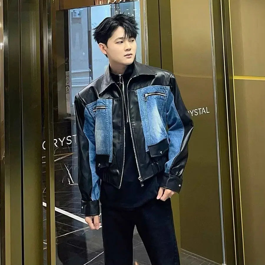 High-grade Stitching PU Leather Coat Cross-border Denim Coat Dropshipman