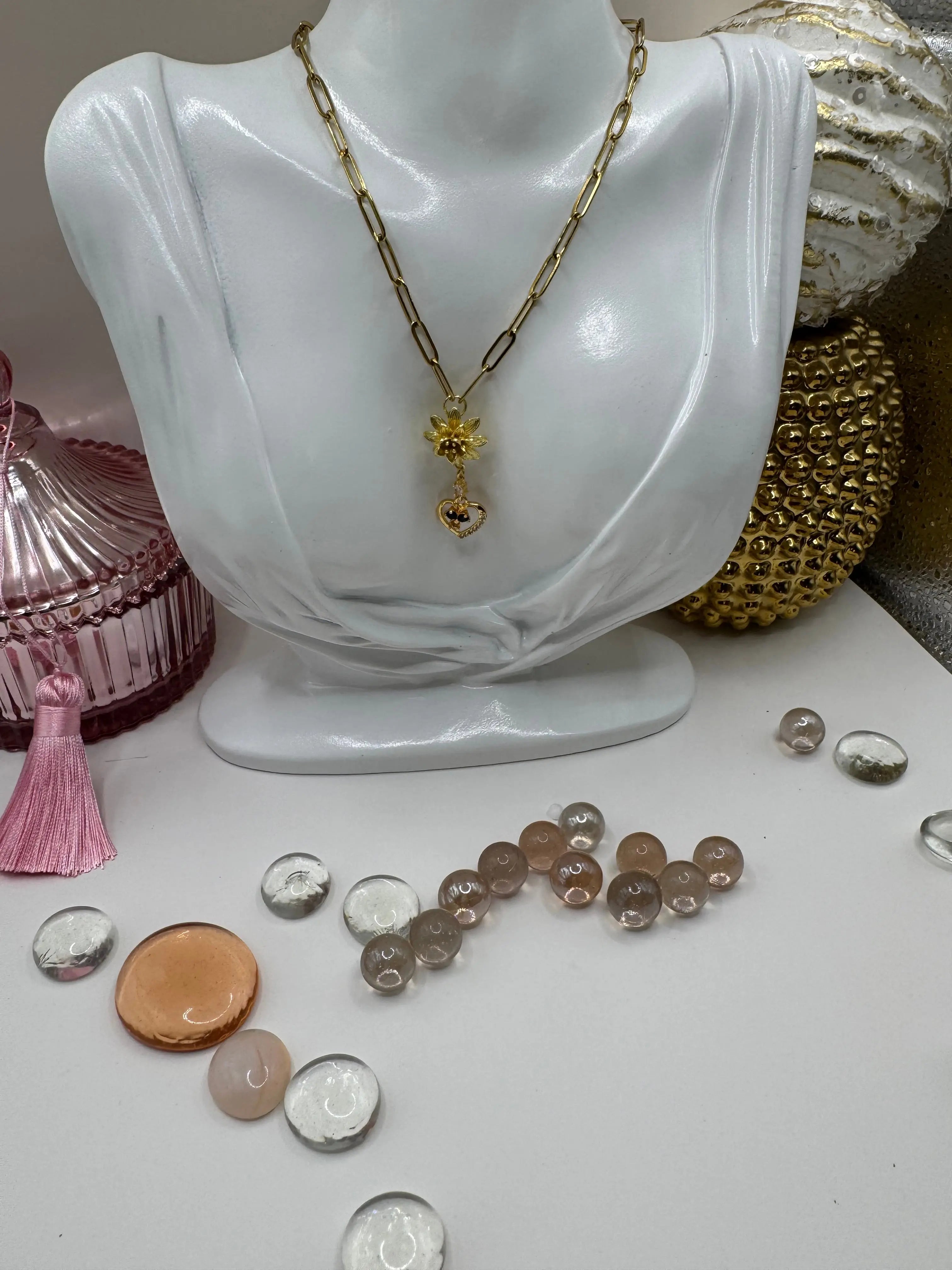 Blue Bloom Heart Drop – 18k Gold PVD Necklace with Floral Accent and Blue Crystal Heart Charm - JNi3 shop