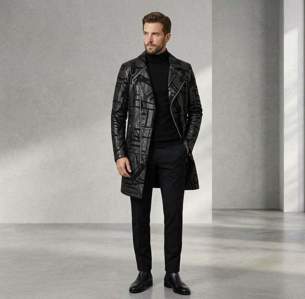 Men’s Genuine Sheepskin Leather Trench Coat – Black Graphic Print Real Leather Long Jacket