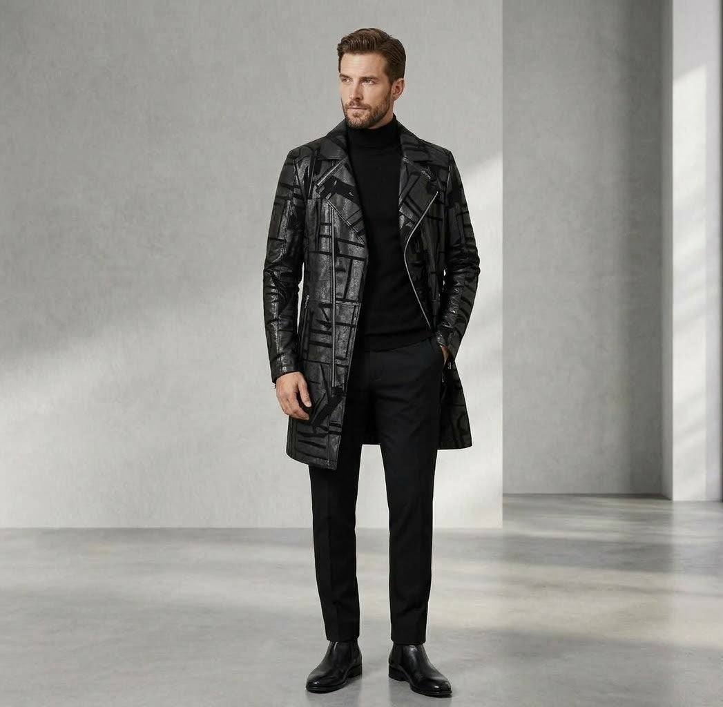 Men’s Genuine Sheepskin Leather Trench Coat – Black Graphic Print Real Leather Long Jacket