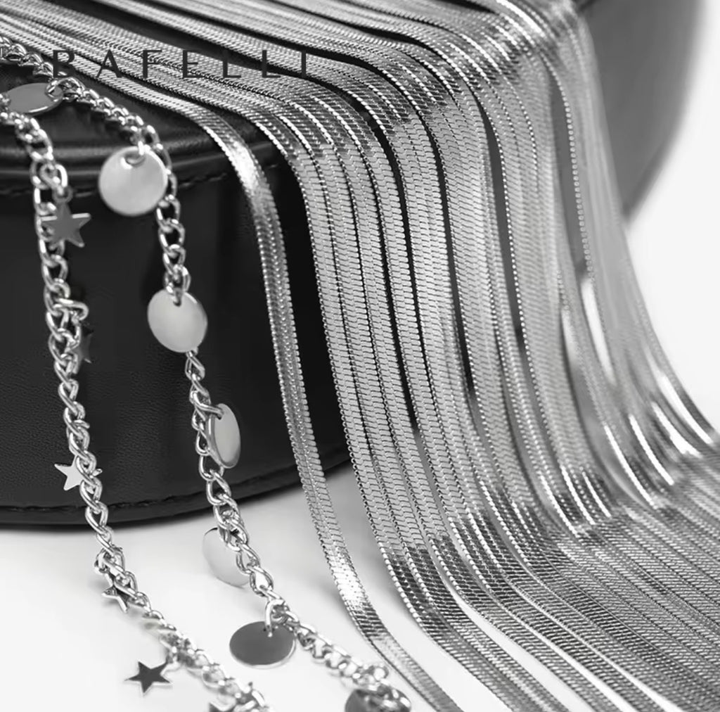 Bafelli Black Saddle Bag with Crystal Fringe & Silver Chain | Luxury Designer Handbags