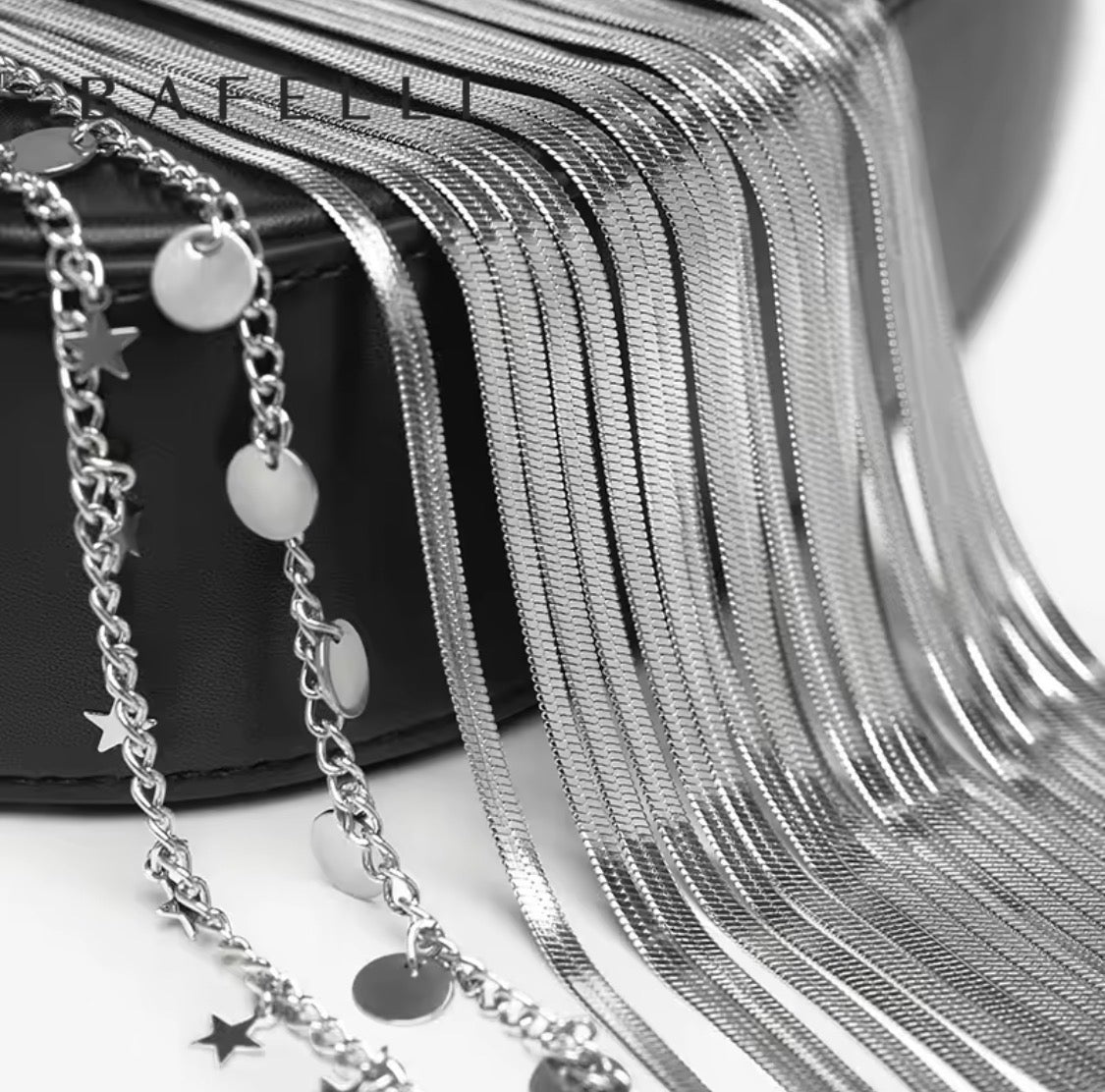 Bafelli Black Saddle Bag with Crystal Fringe & Silver Chain | Luxury Designer Handbags