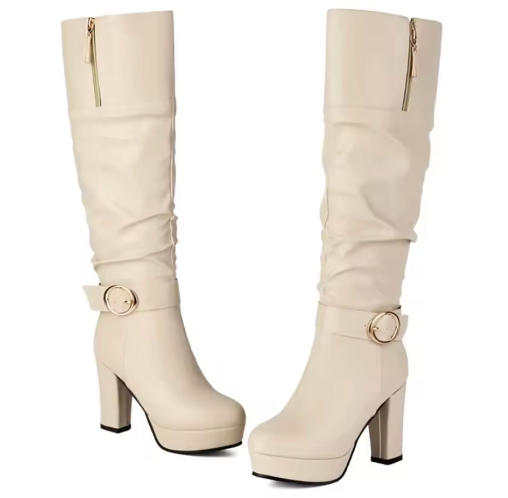 Women's Slouchy Knee High Boots Chunky High Heel Platform Buckle Strap Long Boots Side Zipper Dress Booties