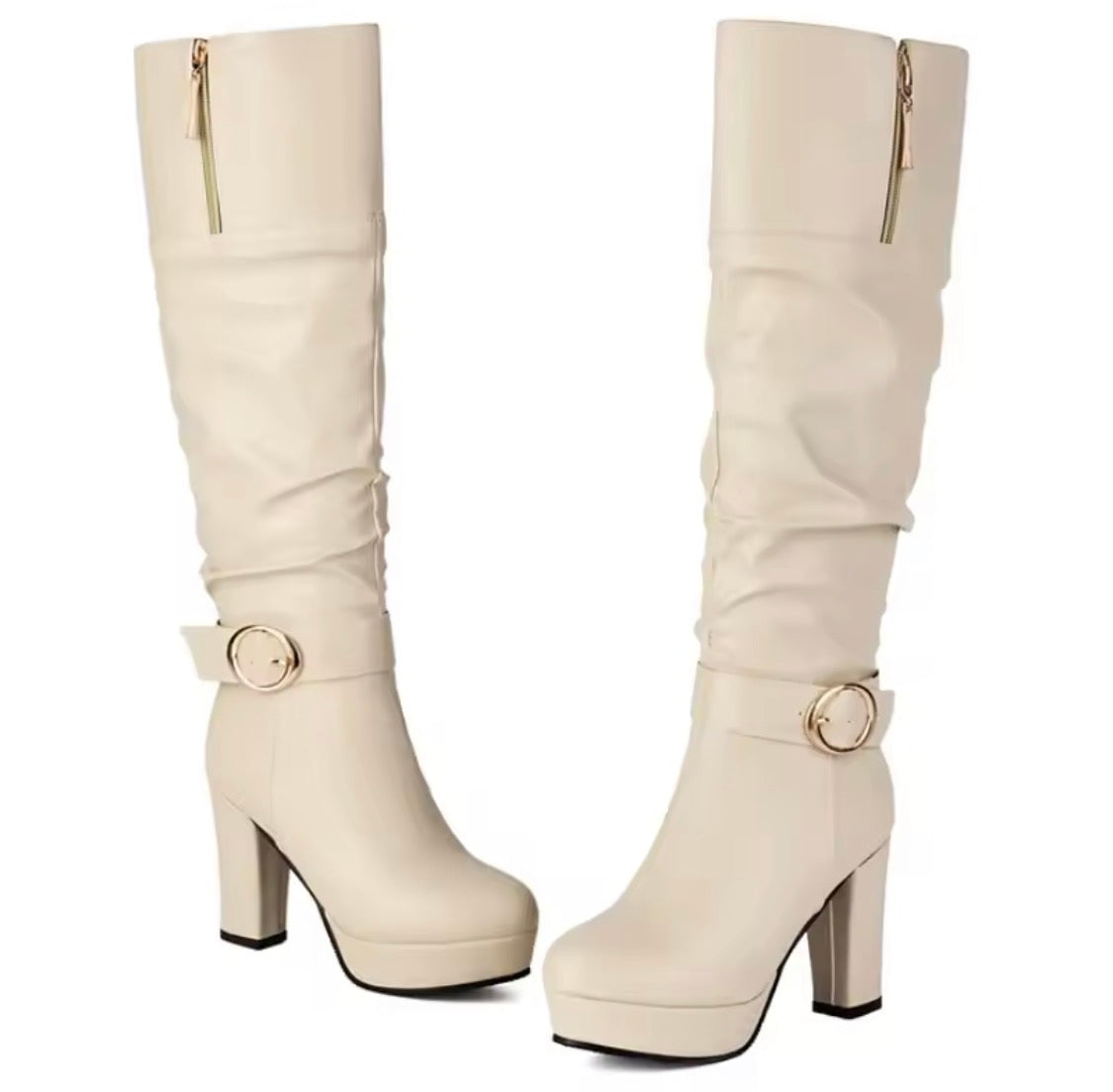Women's Slouchy Knee High Boots Chunky High Heel Platform Buckle Strap Long Boots Side Zipper Dress Booties