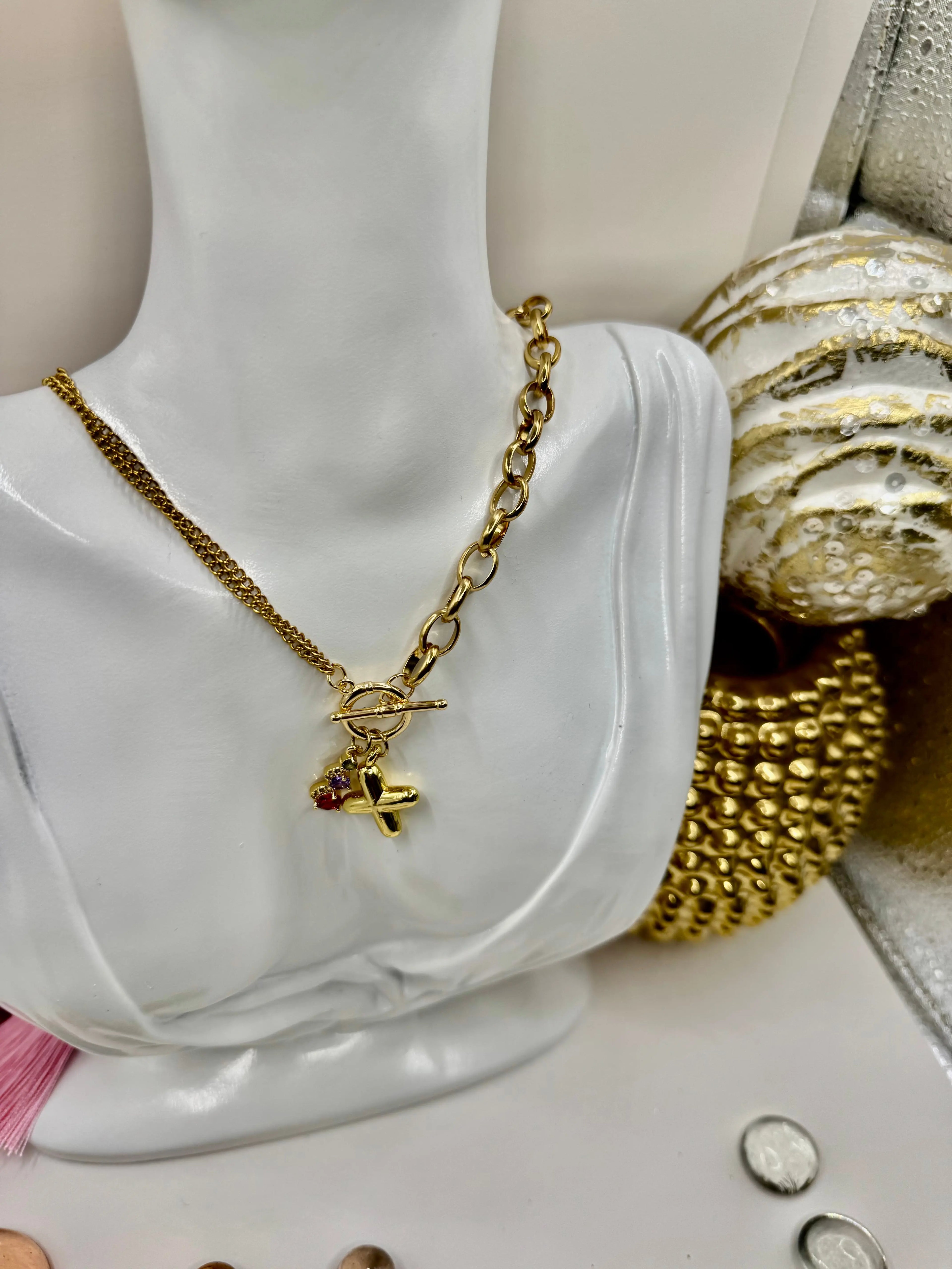 18K Gold PVD Initial Necklace with Multi-Color Gemstone Charms | Toggle Clasp Non-Tarnish Chain - JNi3 shop