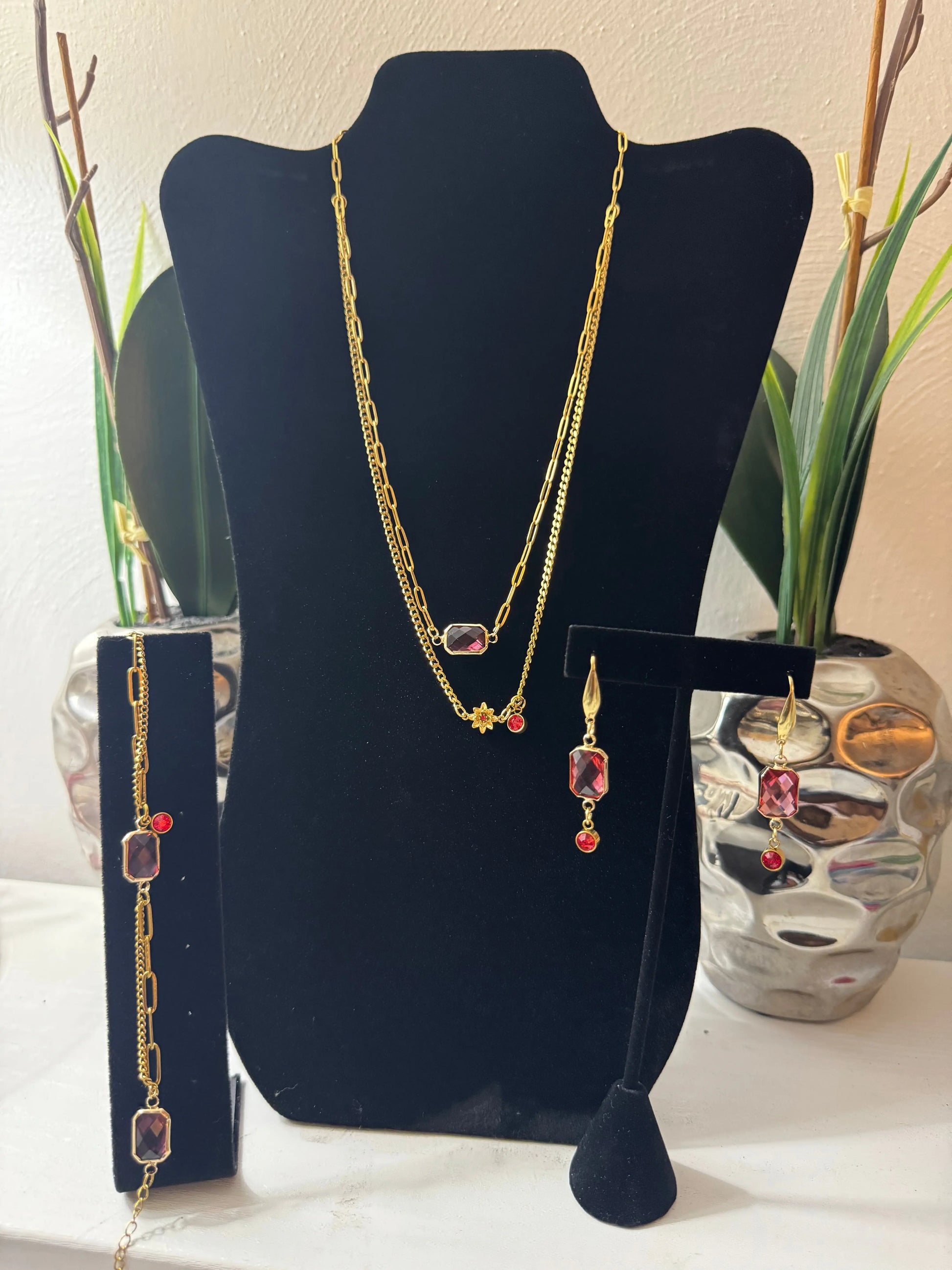 18k Gold PVD Birth Month double layered pendant Necklace, Bracelet and Earrings 3 pce set. - JNi3 shop