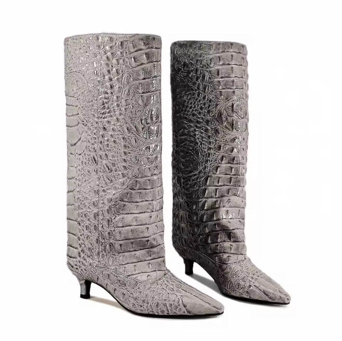 Women’s Slouch Knee-High Boots — Pointed-Toe Kitten Heel Crocodile Embossed Long Boots
